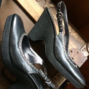 Cole Haan black leather sling back wedges studded